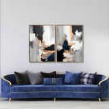 Yağlı Boya Dokulu Tablo Siyah Beyaz Bej Soyut İkili Set Altın Çerçeveli 100 x 150 cm U08072