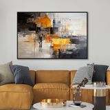 Yağlı Boya Dokulu Tablo Siyah Beyaz Turuncu Soyut Siyah Çerçeveli 70 x 100 cm U08051