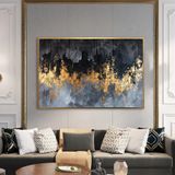 Yağlı Boya Dokulu Tablo Siyah Gri Altın Şehir Manzara Altın Çerçeveli 70 x 100 cm U08040