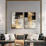 Yağlı Boya Dokulu Tablo Siyah Gri Altın Soyut İkili Set Altın Çerçeveli 100 x 150 cm U08048