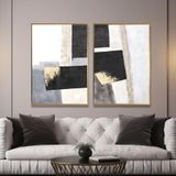 Yağlı Boya Dokulu Tablo Siyah Gri Gold Soyut İkili Set Altın Çerçeveli 70 x 100 cm U08014
