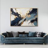 Yağlı Boya Dokulu Tablo Siyah Mavi Altın Soyut Altın Çerçeveli 50 x 70 cm U08109
