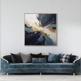 Yağlı Boya Dokulu Tablo Siyah Mavi Altın Soyut Altın Çerçeveli 60 x 60 cm U08108