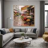 Yağlı Boya Dokulu Tablo Sokakta Çiçekçiler Altın Çerçeveli 60 x 60 cm U09028