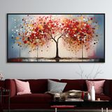 Yağlı Boya Dokulu Tablo Sonbahar Kırmızı Tek Ağaç Siyah Çerçeveli 50 x 100 cm U01016
