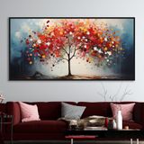 Yağlı Boya Dokulu Tablo Sonbahar Kırmızı Tek Ağaç Siyah Çerçeveli 80 x 160 cm U01017