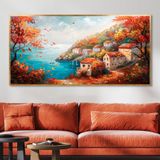 Yağlı Boya Dokulu Tablo Sonbahar Kıyı Manzara Altın Çerçeveli 70 x 140 cm U09033