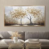 Yağlı Boya Dokulu Tablo Sonbahar Sararmış İkili Ağaç Altın Çerçeveli 50 x 100 cm U01019
