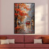 Yağlı Boya Dokulu Tablo Sonbahar Şehir Manzarası Siyah Çerçeveli 70 x 100 cm U09020