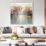 Yağlı Boya Dokulu Tablo Sonbahar Soyut Ağaçlı Manzara Gümüş Çerçeveli 60 x 60 cm U01020