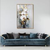 Yağlı Boya Dokulu Tablo Soyut Beyaz Altın Çiçekler Altın Çerçeveli 140 x 210 cm U02028
