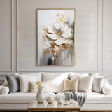Yağlı Boya Dokulu Tablo Soyut Beyaz Çiçek Altın Çerçeveli 70 x 100 cm U02026