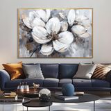 Yağlı Boya Dokulu Tablo Soyut Beyaz Çiçekler Altın Çerçeveli 70 x 100 cm U02069