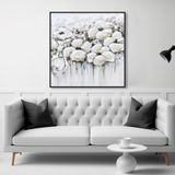 Yağlı Boya Dokulu Tablo Soyut Beyaz Çiçekler Siyah Çerçeveli 100 x 100 cm U02012