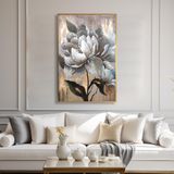Yağlı Boya Dokulu Tablo Soyut Beyaz Dikey Çiçek Altın Çerçeveli 50 x 70 cm U02041