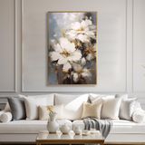 Yağlı Boya Dokulu Tablo Soyut Beyaz Dikey Çiçekler Altın Çerçeveli 50 x 70 cm U02040