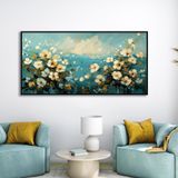 Yağlı Boya Dokulu Tablo Soyut Beyaz Kır Çiçekleri Siyah Çerçeveli 60 x 120 cm U02056