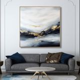 Yağlı Boya Dokulu Tablo Soyut Dalgalı Deniz Manzara Altın Çerçeveli 60 x 60 cm U08123