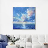 Yağlı Boya Dokulu Tablo Soyut Deniz ve Gökyüzü Manzarası Gümüş Çerçeveli 100 x 100 cm U06037