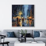Yağlı Boya Dokulu Tablo Soyut Gece Şehir Manzarası Gümüş Çerçeveli 100 x 100 cm U09021