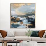 Yağlı Boya Dokulu Tablo Soyut Göl Kıyısı Altın Çerçeveli 100 x 100 cm U08141
