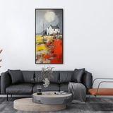 Yağlı Boya Dokulu Tablo Soyut Köy Evi Manzarası Siyah Çerçeveli 50 x 100 cm U06011