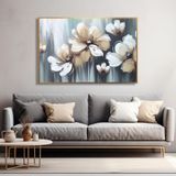 Yağlı Boya Dokulu Tablo Soyut Krem Beyaz Çiçekler Altın Çerçeveli 100 x 150 cm U02027