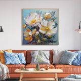 Yağlı Boya Dokulu Tablo Soyut Modern Beyaz Çiçekler Altın Çerçeveli 80 x 80 cm U02032