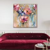 Yağlı Boya Dokulu Tablo Soyut Renkli Çiçekler Altın Çerçeveli 60 x 60 cm U02031