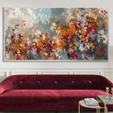 Yağlı Boya Dokulu Tablo Soyut Renkli Çiçekler Gümüş Çerçeveli 50 x 100 cm U08142