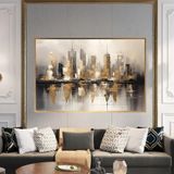 Yağlı Boya Dokulu Tablo Soyut Şehir Manzarası Altın Çerçeveli 70 x 100 cm U09010