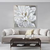 Yağlı Boya Dokulu Tablo Soyut Tekli Beyaz Çiçek Gümüş Çerçeveli 100 x 100 cm U02075