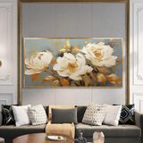 Yağlı Boya Dokulu Tablo Üçlü Modern Beyaz Çiçekler Altın Çerçeveli 50 x 100 cm U02062
