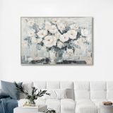 Yağlı Boya Dokulu Tablo Vazoda Beyaz Çiçekler Gümüş Çerçeveli 70 x 140 cm U02007