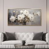 Yağlı Boya Dokulu Tablo Vazoda Beyaz Modern Çiçekler Altın Çerçeveli 70 x 140 cm U02035
