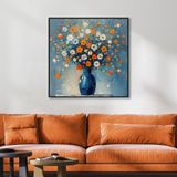 Yağlı Boya Dokulu Tablo Vazoda Renkli Modern Çiçekler Siyah Çerçeveli 80 x 80 cm U02061