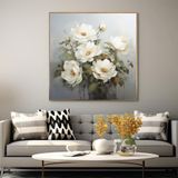 Yağlı Boya Dokulu Tablo Vazoda Soyut Çiçekler Altın Çerçeveli 60 x 60 cm U02068