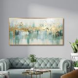 Yağlı Boya Dokulu Tablo Yeşil Altın Soyut Şehir Manzarası Altın Çerçeveli 50 x 100 cm U08039