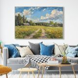Yağlı Boya Dokulu Tablo Yeşil Doğa ve Köy Evleri Manzarası Gümüş Çerçeveli 70 x 100 cm U06043