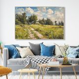 Yağlı Boya Dokulu Tablo Yeşil Doğa ve Köy Evleri Manzarası Gümüş Çerçeveli 70 x 100 cm U06044