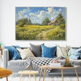 Yağlı Boya Dokulu Tablo Yeşil Doğa ve Köy Evleri Manzarası Gümüş Çerçeveli 90 x 120 cm U06042