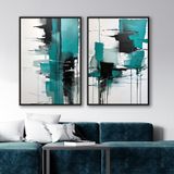 Yağlı Boya Dokulu Tablo Yeşil Siyah Beyaz Soyut İkili Set Siyah Çerçeveli 100 x 150 cm U08060