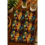Yağlı Boya Görünümlü Cadde Modern Tasarım 6’lı set Bardak altlığı - UV Baskı MDF - 10x10 cm, BRDKJH0570S10