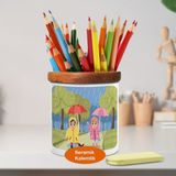 Yağmur Altında Çocuklar Ahşaplı Seramik Kalemlik - Family_v15 - Beyaz