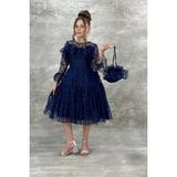 Yağmur Model Güpür Uzun Kol Çanta Dahil Kız Çocuk Elbise Lacivert - Kırmızı - 7 Yaş