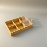 Yağmur Store Bambu Organizer Kutu, 6 Bölmeli, Şeffaf Kapaklı, Kristal Kulplu, 30X20X6 Cm, Çay ve Baharat Düzenleyici, Takı Düzenleyici