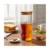 Yağmur Store Linie Serisi Bambu Kapaklı Borosilikat Cam Kavanoz - 350 ml Çizgili Vakumlu Baharatlık, Çay ve Kahve Saklama Kabı