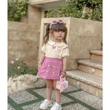 Yağmurun Butiği Pembe Renk Şortlu Etek Yakalı Tshirt Ikli Kombin Toka Hediyeli - 5 - 6 Yaş