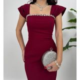 Yaka Taş Detaylı Midi Arkadan Yırtmaç Detaylı Düğün/davet/mezuniyet/söz Elbisesi - Bordo - XL
