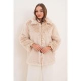 Yakalı Ön Fermuarlı Krem Kürk Mont SRP1133